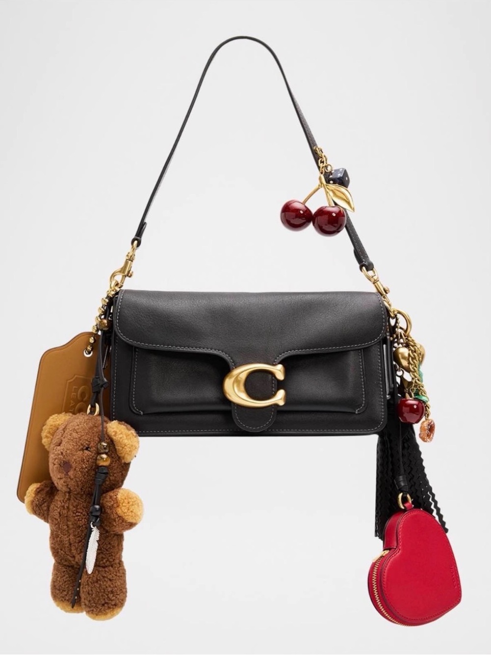 Coach Black Leather Shoulder Bag with Gold Hardware and Red Heart Charm